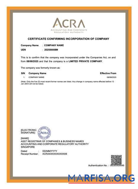 Realistic Singapore certificate of company incorporation Word and PDF template